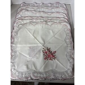 Vintage Red & White Lace Trim Floral Dining Napkins 16"x 15" Set Of 6
